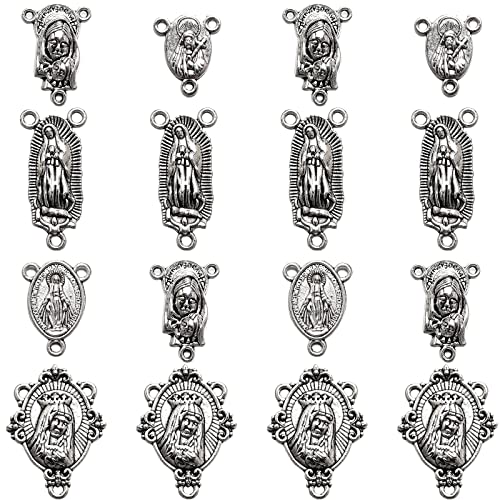 42Pcs Alloy Jesus Maria Our Lady Rosary Crucifix Cross and Center Connector Miraculous Medal Pendants and Oval Chandelier Links For Rosary Holy Beads Necklace Making (Antique Silver)