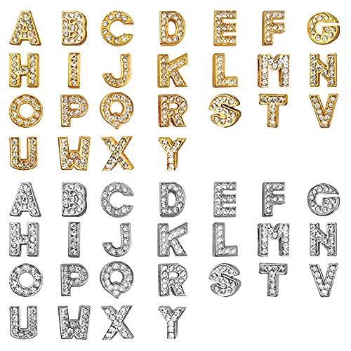lyfLux 52 Pieces Rhinestone Letter Sliders Charm, Alphabet Letter A-Z 8 mm Alloy Crafts for DIY Bracelet Wristbands Necklace Choker Jewelry (Gold + Silver)