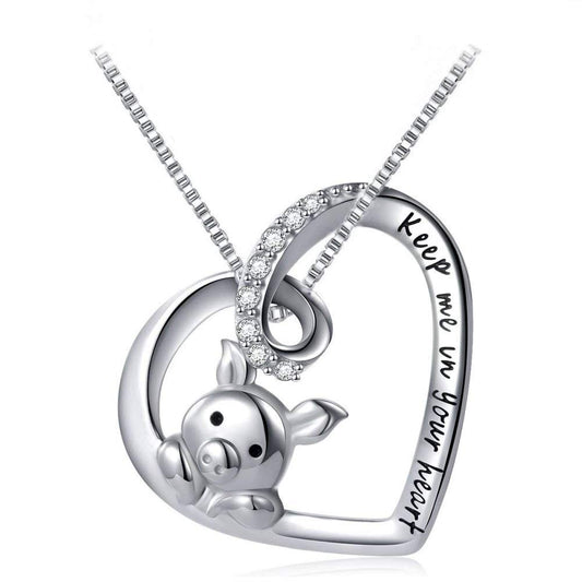Cute Little Pig Sterling Silver Crystal Love Pendant Necklaces for Her Women Girls Engraved "Keep Me in Your Heart" Nice Gifts