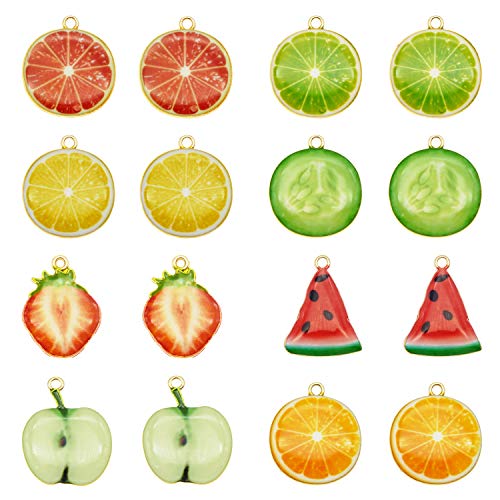 JJGQAZ 32pcs Assorted Gold Plated Enamel Lemon Watermelon Orange Strawberry Apple Dainty Dangle Fruit Food Charms for Earrings Jewelry Making Necklace Bracelet