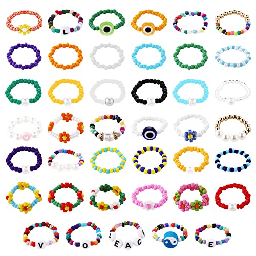 40 Pieces Flower Bead Rings Rainbow Colorful Rice Bead Rings Cute Handmade Daisy Flower/ Evil Eye Beaded Elastic Stacking Rings Adjustable Boho Beach Rings for Women GirlsYolev 40 Pieces Flower Beads Rings Rice Bead Rings Cute Beaded Rings Colorful Jewelr