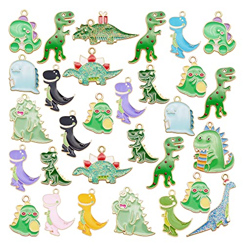 Julie Wang 32pcs Mixed Enamel Dinosaur Charm Animal Kids Pendant for Necklace Earring Bracelet Making Bulk Lot Craft DIY Findings
