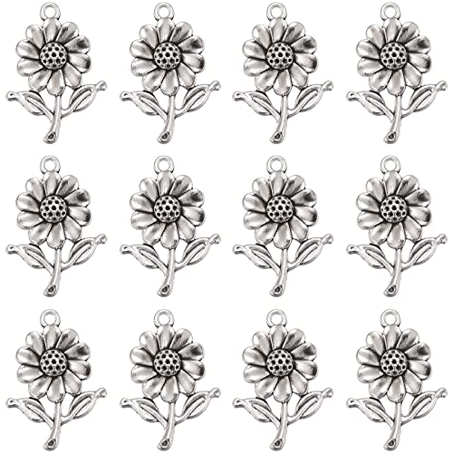 55pcs Antique Silver Plated Sunflower Flower Charms Pendant DIY Bracelets Necklace Jewelry Making Craft Wholesale 28mmx20mm (A115)