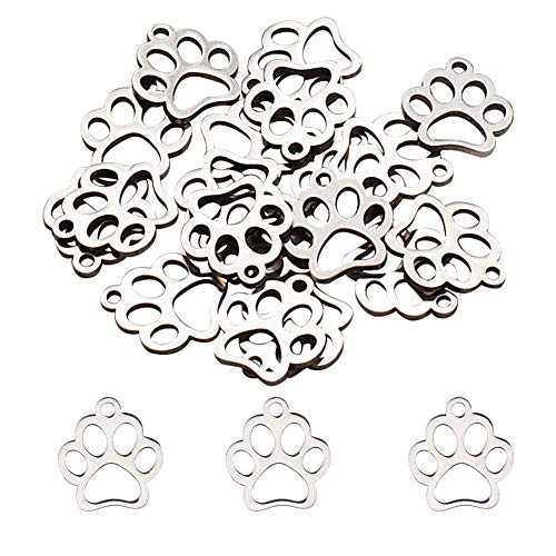 PH PandaHall 20Pcs 12.9mm Dog Paw Prints Charm Stainless Steel Pendants 1.5mm Small Hole Metal Hollow Charms for DIY Chain Jewelry Making Stainless Steel Color
