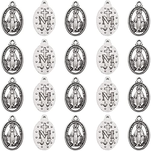 60Pcs Jesus Cross Our Lady Virgin Mary Miraculous Medal Pendants Floral Rosary Centerpiece Charms For DIY Mother's Day Necklace Bracelets Jewelry Making (Antique Silver)
