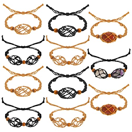 8 Pcs Crystal Bracelet Holder Empty Stone Holder Crystal Holder Replacement Cage Cords Crystal Pendants Bracelets Cord Adjustable Rock Holder Quartz Holder for DIY Bracelet Making (Black, Coffee)