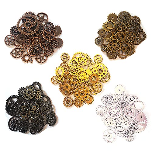 Bodosac 300 Gram Assorted Vintage Antique Steampunk Gears Charms Watch Cog Wheel Sets 5 Color