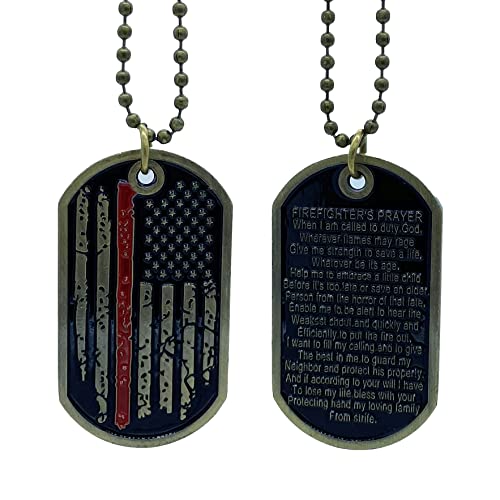 Red line American Flag Design Firefighter Challenge Coin, Fireman Prayer Dog Tag Necklace