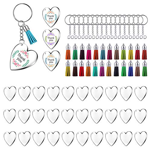 Juanya 90 Pieces Acrylic Transparent Discs, Clear Heart Acrylic Keychain Blanks Charms and Colourful Tassel Pendants, Key Rings for DIY Crafts Jewelry Making