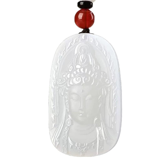 Godtemrow Natural Hand Carved Jade Buddha Necklace Tara Guan Yin Necklace for Men Women Quan Yin Jade Pendant Feng Shui Jewelry Protection Pendant Lucky Amulet (White jade)