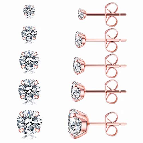 5 Pairs Stud Earrings Set, Hypoallergenic Cubic Zirconia 316L Earrings Stainless Steel CZ Earrings 3-8mm, Rose Gold (Rose gold)