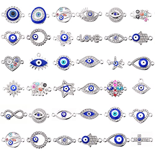 36pcs Mix Enamel Eye Charms Assorted Evil Eye Connector Charms Rhinestone Diamond Evil Eye Link Charms for DIY Jewelry Necklace Bracelet Crafts Making