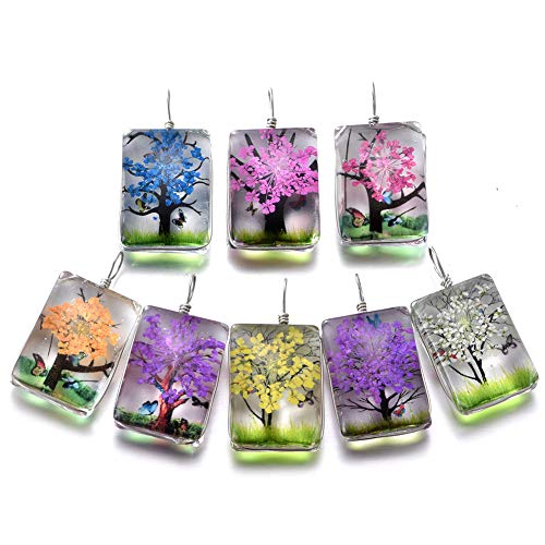 10pcs Mixed Colors Unique Lacework Transparent Resin Beads Rectangle Pendant for Necklace Real Dried Flower Tree Charms for DIY Jewelry Making 12X18X25mm(A597)