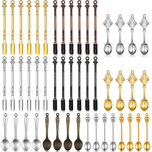 Rtteri Mini Spoons, Spoon Kitchen Charms, Mini Shovel Tableware Charm Pendants and Micro Scoops Pendants Alloy Spoon Pendant Charms for Home Kitchen Supply, DIY Necklace, Key Chain (48 Pieces)