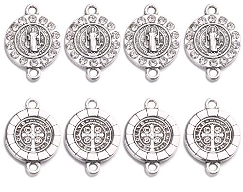 20pcs Antique Silver Rhinestone Religious Wear Saint Benedict Medallion Bracelet Connector Round Link Beads Jewelry Making Charms for DIY Necklace Bracelet Jewelry …