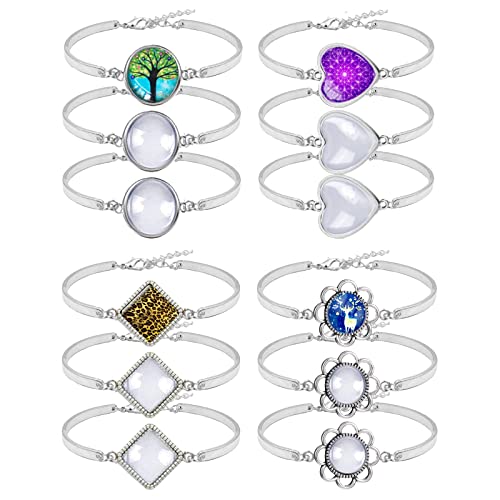 GOLESMIY 12pcs Bracelet Bezel Trays for Jewelry Making, Round/Flower/Rectangle/Heart Cabochon Bezel Tray Blank Bracelet Bangles Jewelry Bezel Base with Clear Glass Cabochons