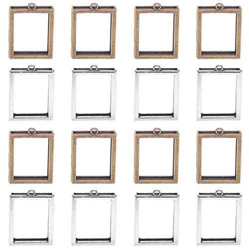 OLYCRAFT 20pcs Open Bezel Pendant Alloy Photo Locket Pendant Rectangle Frame Pendant Hollow Charm for Display Picture, Resin Crafts Jewelry Making -- Antique Bronze & Silver