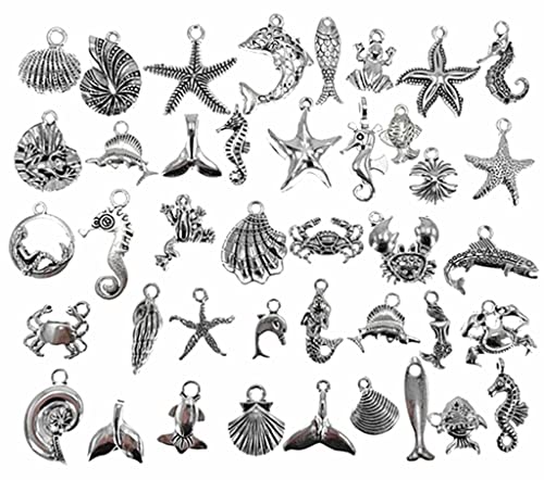 Kinteshun Marine Creatures Sea Animals Fishes Shells Charm Pendant Connector for DIY Jewelry Making Findings(40pcs,Antique Silver)
