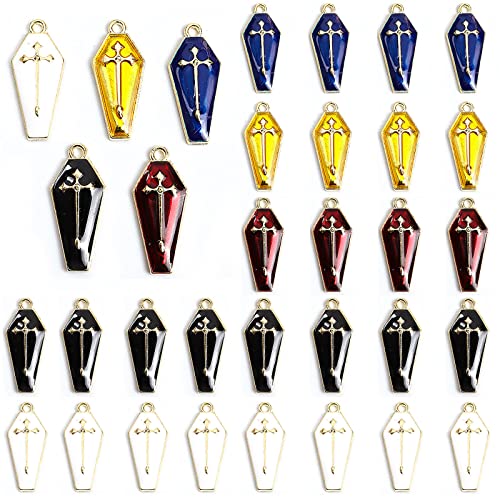 Berovskki 30Pcs Cross Coffins Halloween Charms Pendants Gold Plated Enamel Cross Coffins Mix Color Halloween Jewelry Charms for Jewelry Making DIY Necklace Bracelet Earring Accessories Supplies