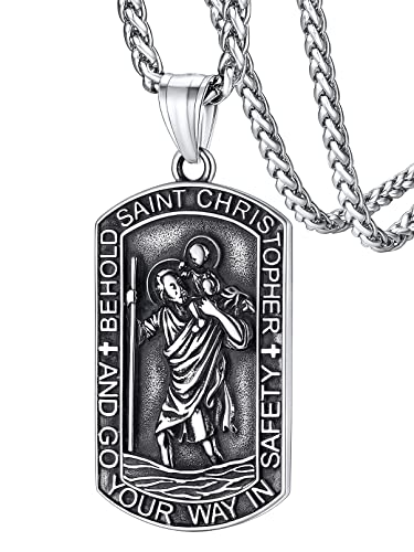 FaithHeart St. Christopher Dog Tag Necklace for Men Male Catholic Patron Pendant with 22inches Chain Customize Available