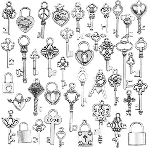 Aokbean Mixed 40Pcs Mini Fake Skeleton Keys and Heart Locks Charms for Jewelry Making Earring Necklace Pendants Keychain Accessories