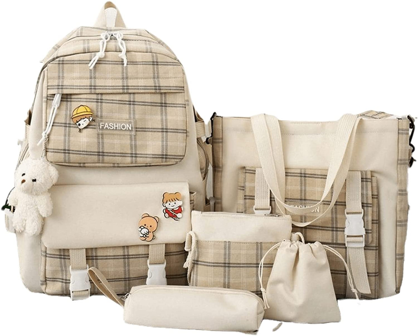 5pcs/set Girl's Kawaii Backpack Korean Style Cute Student Girls Large Capacity Schoolbag with Bear Pendant