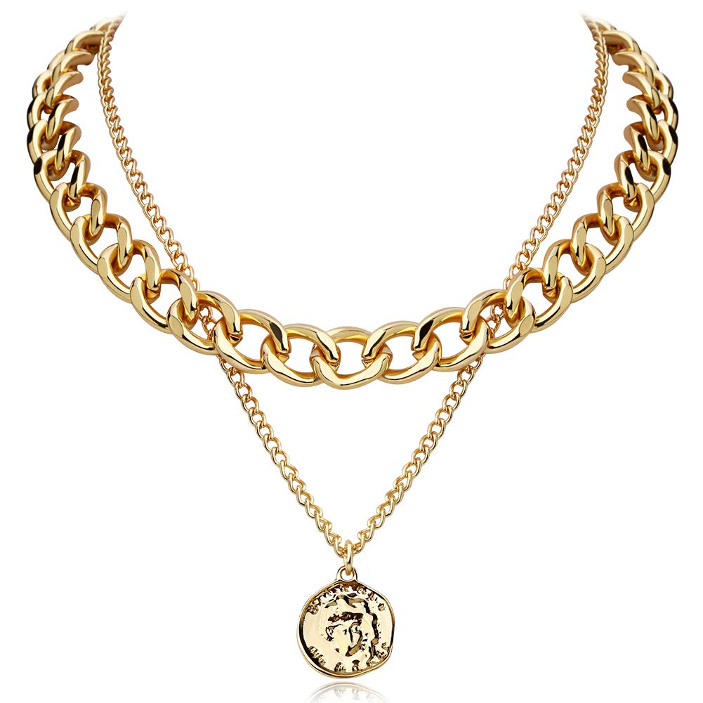 FAMARINE Gold Choker Chain Cuban Link Necklace for Women 4MM, Brandy Coin 2 Layered Necklaces for Men Teen Girls Birthday Gift, 18K Gold