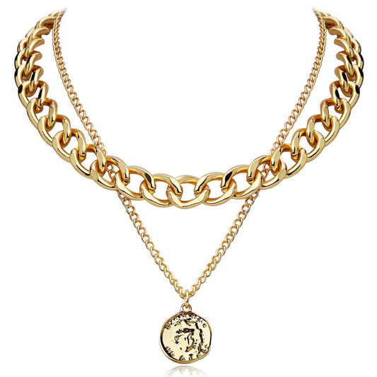 FAMARINE Gold Choker Chain Cuban Link Necklace for Women 4MM, Brandy Coin 2 Layered Necklaces for Men Teen Girls Birthday Gift, 18K Gold