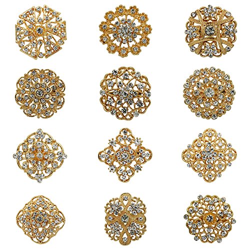 WeimanJewelry Silver/Gold Plated 12pcs Crystal Rhinestones Flower Brooch Pins DIY Wedding Bouquets Kit