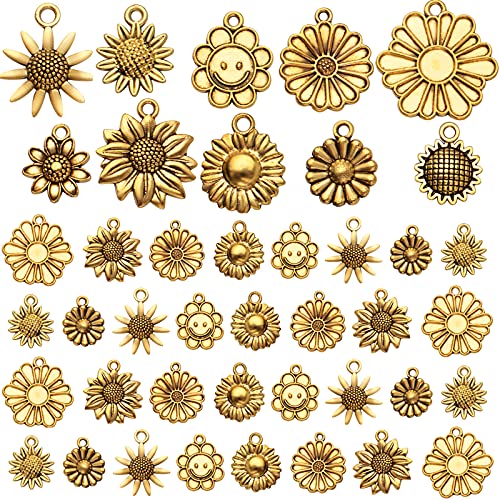 50pcs Antique Gold Sunflower Charms Tibetan Alloy Vintage Flower Pendants Crafts Supplies for DIY Earring Necklace Bracelet Key Chains Jewelry Making Findings, 10 Styles