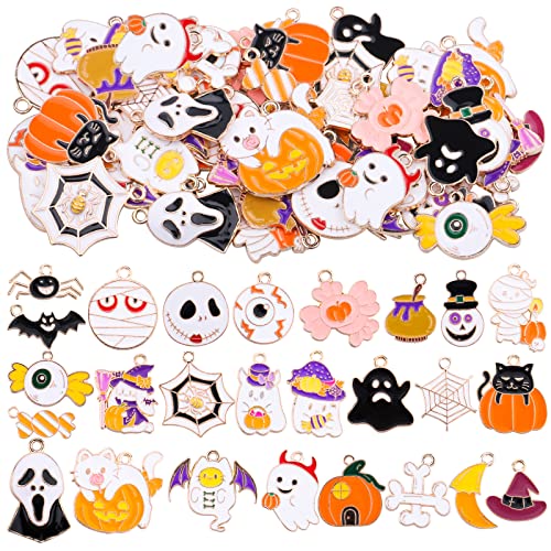 52PCs Halloween Charms Pendants Assorted Enamel Pumpkin Ghost Eyeball Clown Spider Bat Candy Wizard Hat Mummy Skeleton Halloween Charms for DIY Necklace Bracelet Earring Jewelry Making and Crafting