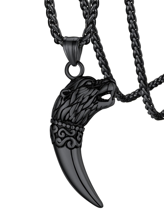 FaithHeart Wolf Necklace for Men, Punk Biker Wolf Head Tooth Amulet Pendant Necklace, Animals Protectoion Jewelry Gift for Dad Husband Brothers