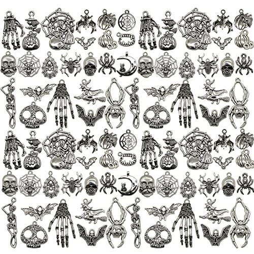 Morofme 80pcs Halloween Charm Pendant Skeleton Hands Bone Pumpkin Ghost Spider Bat Witch Silver Pendants for Jewelry Making DIY Necklace Bracelet Earring Keychain Halloween Gothic Charms Crafts