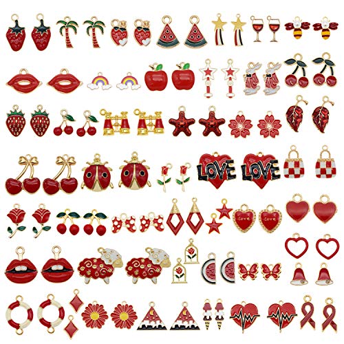 Julie Wang 60Pcs 30 Pairs Mixed Enamel Red Theme Charms Pendants for Jewelry Making Bulk lot Necklace Earrings Bracelet Craft Findings