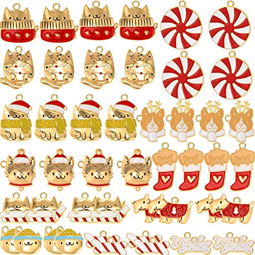 48 Pieces Assorted Christmas Charms Christmas Flatback Pendants Gold Plated Enamel Charms Cute Christmas Stocking Dog Cat Bone Charms Bulk for Jewelry Making Craft DIY Bracelet Necklace Scrapbooking