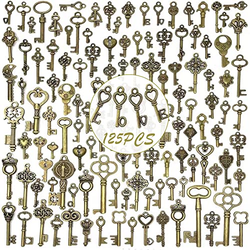 125PCS Vintage Skeleton Key Charms for Jewelry Making, Antique Style Bronze Brass Bracelet Charms, Keys Charms Pendant for DIY Crafting Making, Wedding Birthday Party Favors and Steampunk Resin Art