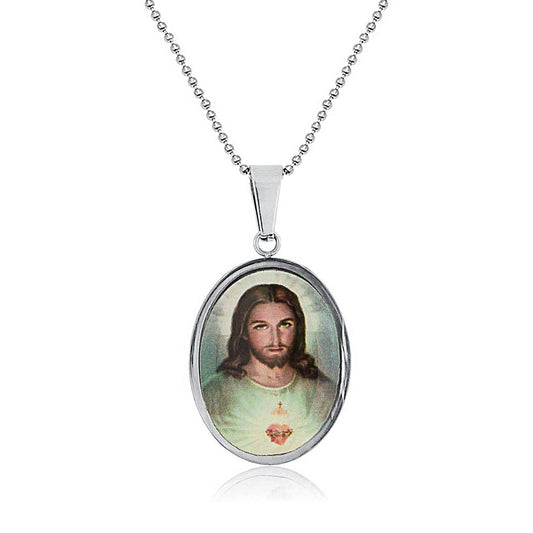 Bling Jewelry Unisex Personalize Oval Religious Medal Medallion Sacred Heart Of Jesus Photo Pendant Necklace For Men Teen Silver Tone Stainless Steel Customizable