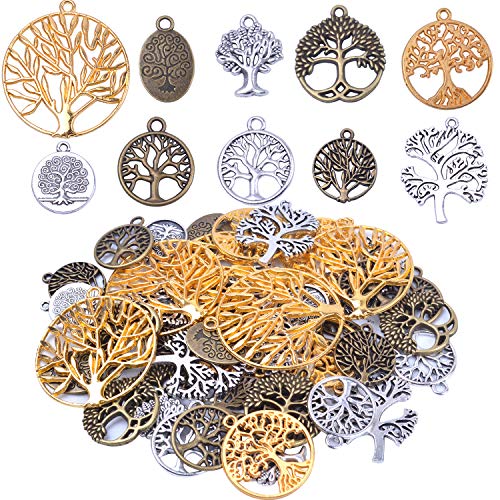 BronaGrand 50 Pieces Alloy Tree of Life Charms Pendents for Making DIY Bracelet and Necklace,Assort Size,3 Colors