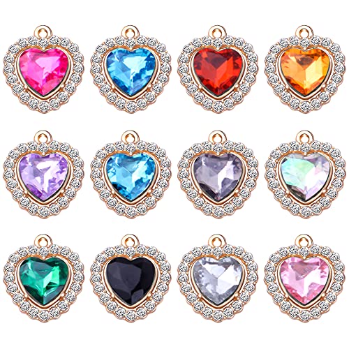 24pcs 12 Colors Rhinestone Heart Charms Cubic Zirconia Alloy Crystal Beads Pendants Charms for DIY Earrings Necklace Bracelet Crafts Jewelry Making Tiny Dangle Accessories