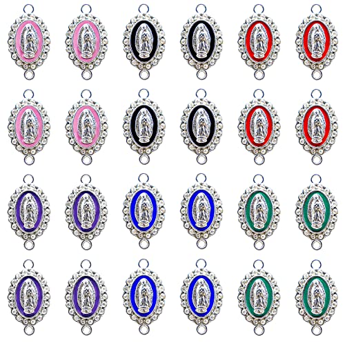 Morofme Virgin Mary Charms 24pcs Mix Color Enamel Our Lady Charm Inlay Rhinestones Miraculous Medal Alloy Connector Charms for Jewelry Making DIY Necklace Bracelet Earring