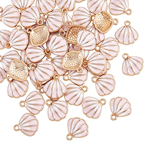 LiQunSweet 100 Pcs Pink Sea Shell Charm Enamel Golden Small Dangle Pendant Charms Bulk for Hawaii Ocean Bracelet Earrings Keychain Jewelry Making