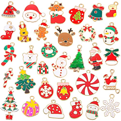 64 Pieces Christmas Charms Gold Plated Enamel Charms Christmas Pendants Snowflake Earring Charms Xmas Tree Necklace for Bracelet Jewelry Making Clothes Sewing Bags Decoration DIY Scrapbooking Supplies