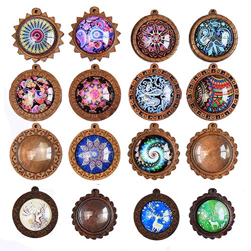ToBeIT Bezel Pendant Trays Round Wooden and Glass Cabochon Round Clear Dome 32 pcs for DIY Crafting Photo Jewelry Making (color-B/16)
