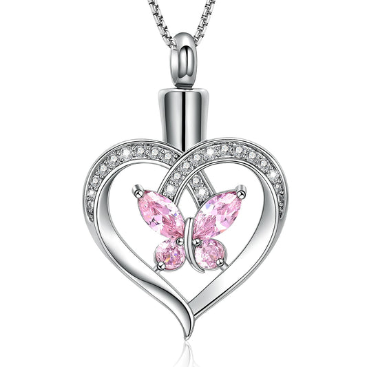 Oinsi Heart Cremation Jewelry Crystal Butterfly Urn Necklace for Ashes Stainless Steel Ash Necklace Memorial Keepsake Lokets for Ashes for Women(Pink Stone)
