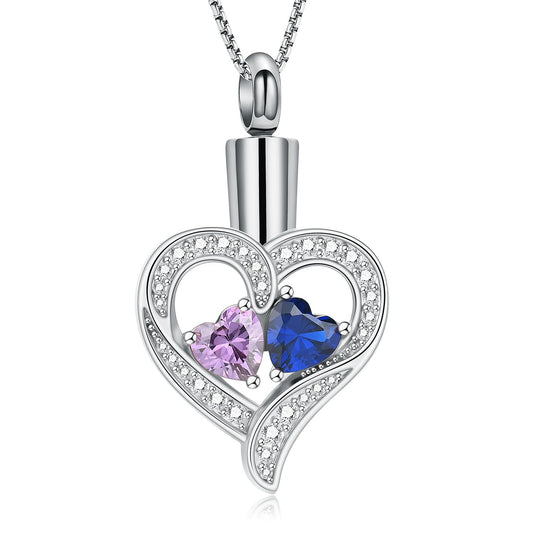 Oinsi Heart Urn Necklace for Ashes Cremation Jewerly, Double Heart Birthstone Crystal Pendant Necklace for Women Memorial Jewelry Ashes Keepsake Lockets Holder