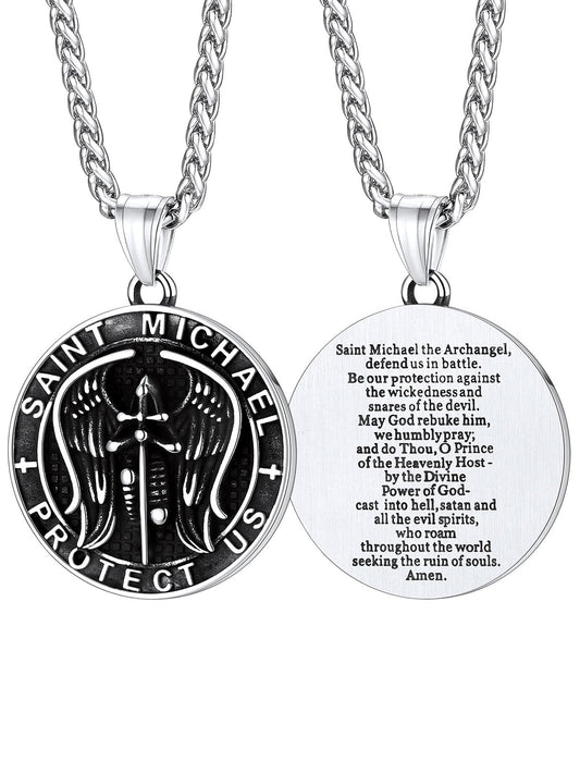 FaithHeart Silver Archangel Wings Round Necklace, St. Michael Protector Amulet Medal Pendant, Durable Wear-resistant Stainless Steel Jewelry