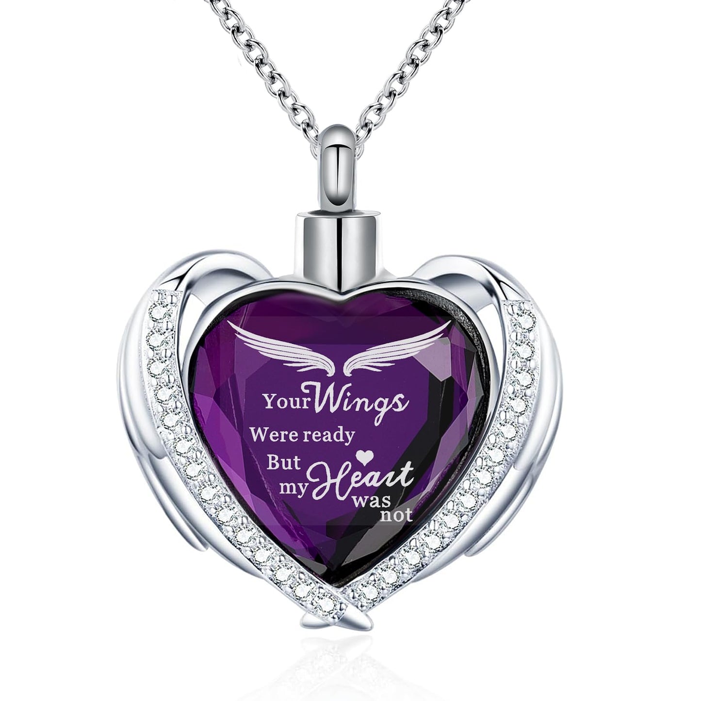 MOSURNSJWY Cremation Jewelry Angel Wing Heart Urn Necklaces for Women Girls Crystal Memorial Ash Pendant Keepsake Jewelry for Loved Ones (Purple-Wings)