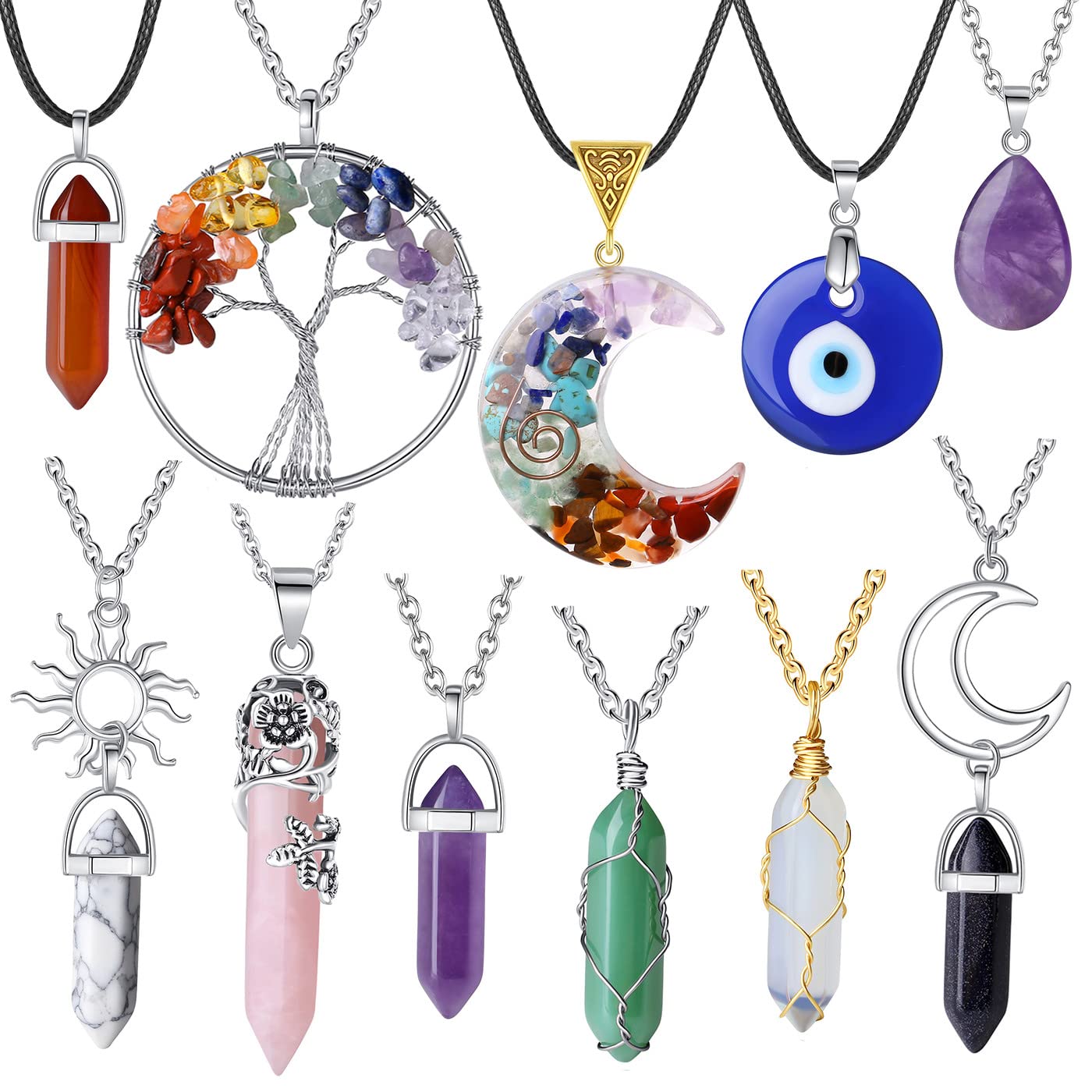 XIANNVXI 11Pcs Crystal Necklaces for Women Crystals Evil Eye Necklace Set Boho Jewelry for Women Chakra Hippie Pendant Beach Jewelry Mother's Day Gifts for Women Mom