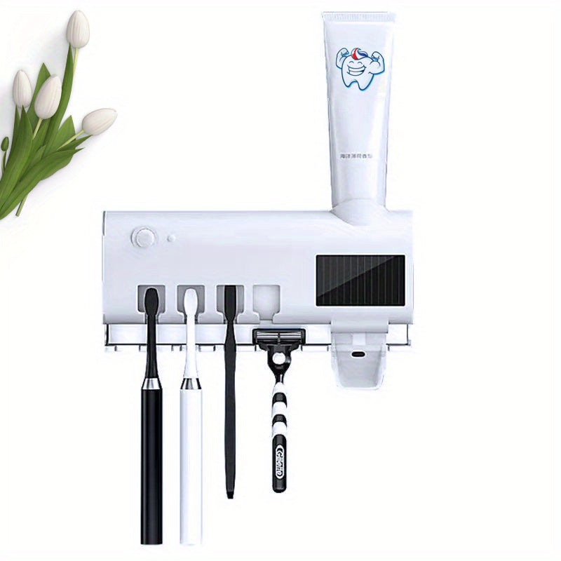 Revolutionize Your Oral Hygiene with this UV Toothbrush Sanitizer Holder - Sterilizer, Wall Mount Sticker, Toothpaste Dispenser, Wireless Charging & Solar Panel!