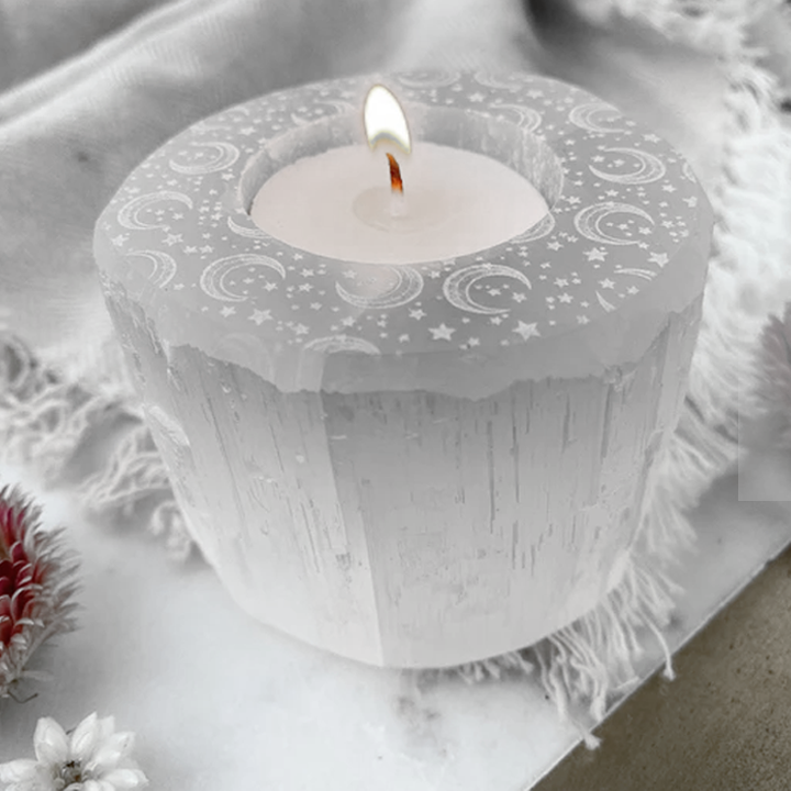 ??Celestial Bodies??Round Selenite Candle Holder